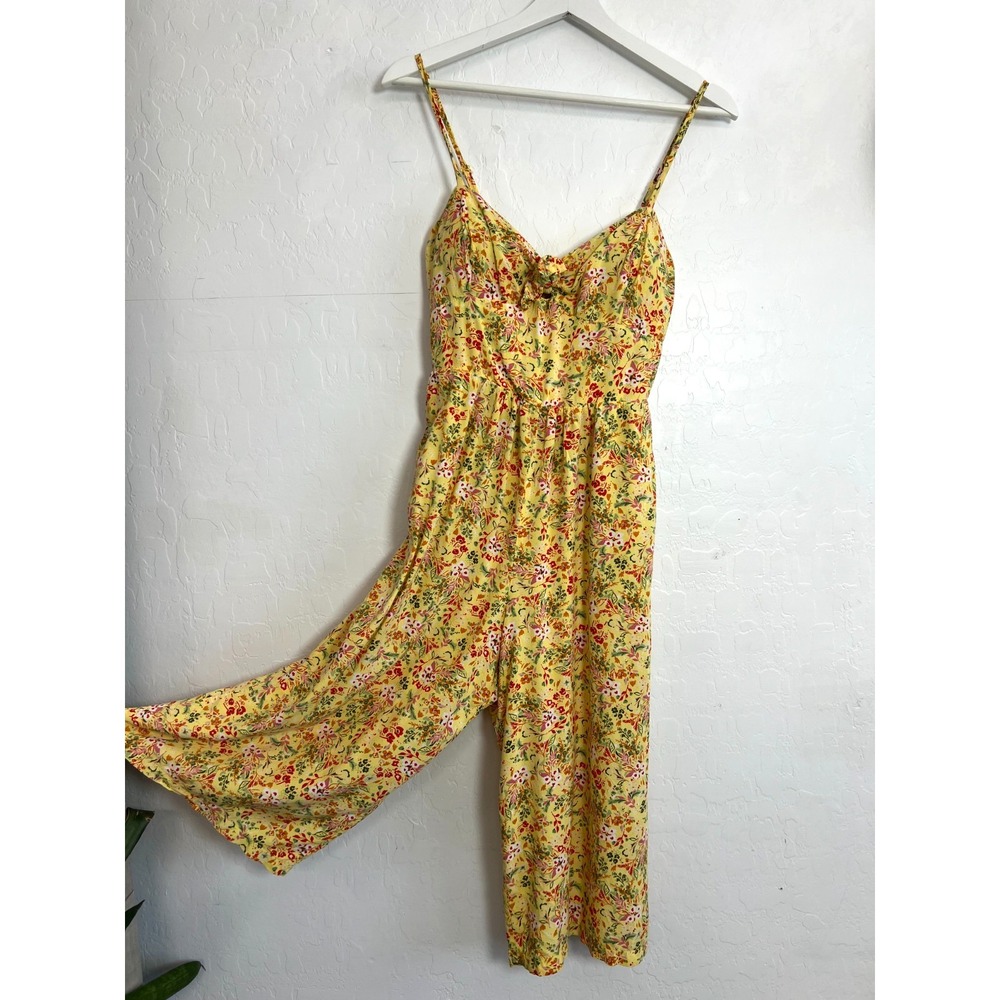 AUW Yellow Floral Wide Leg Jumpsuit Sz M Tie Front Cropped Culotte Capri Romper